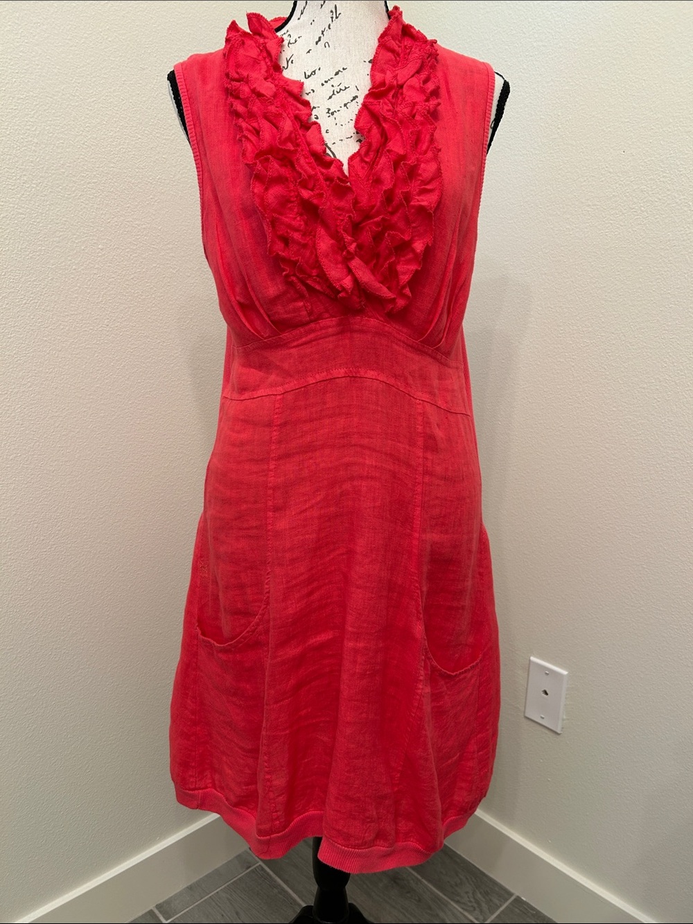 Made in Italy Linen Ruffled V-Neck Sleeveless Coral Dress w/pockets